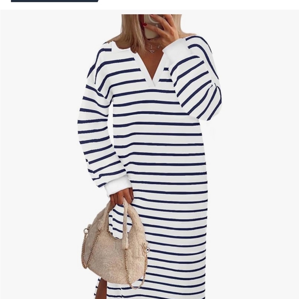 Striped V-Neck Long Sleeve Dress